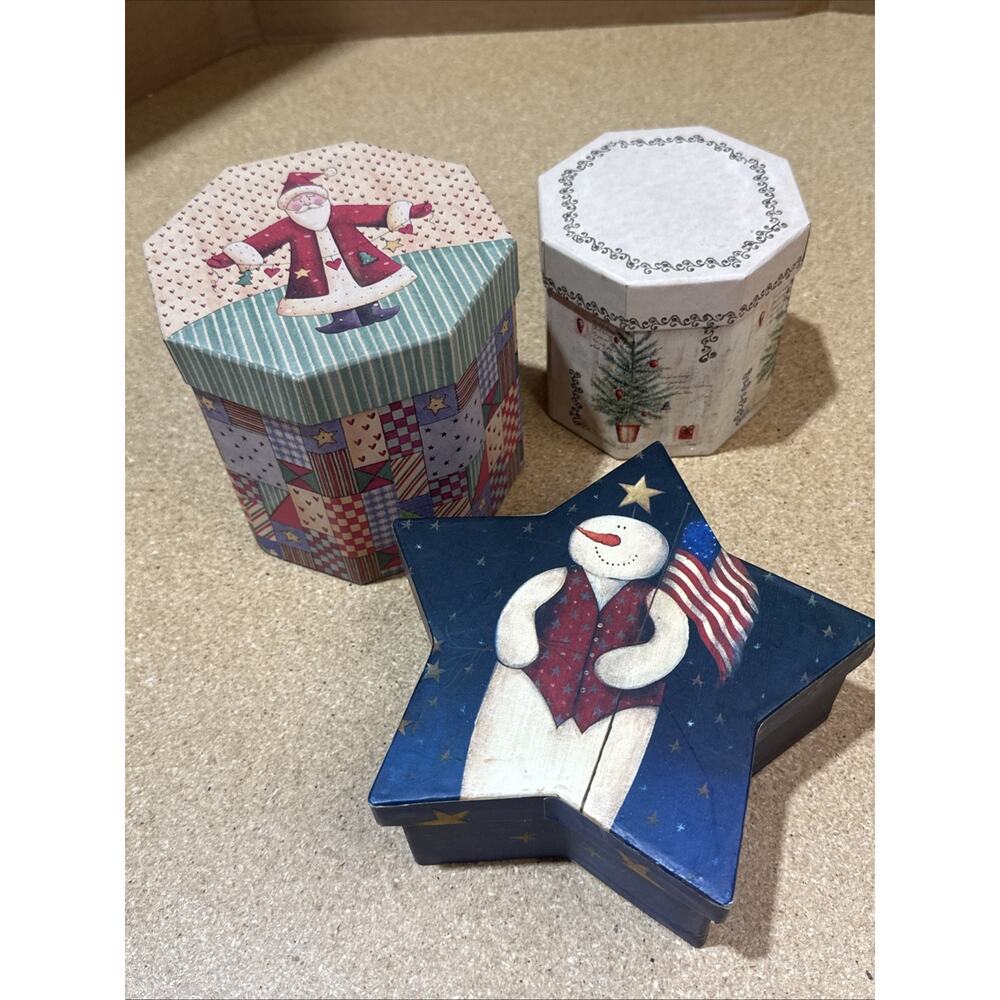 VTG Christmas Decorative Boxes Lot Of 3 – Paperboard Santa Snowman Folk Art